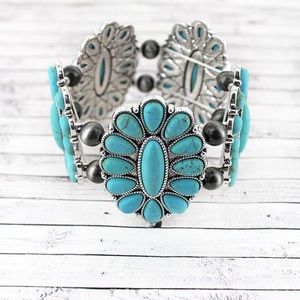 TURQUOISE OVAL FLOWER AND NAVAJO STRETCH BRACELET